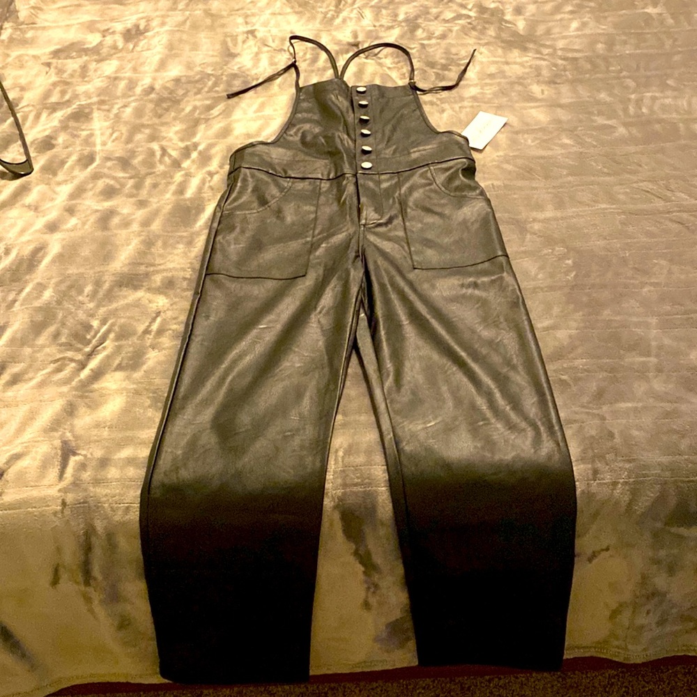 Black Vegan Leather Overalls